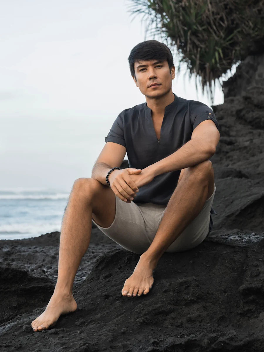 Above the Clouds Natural Wear - KUMO Linen Tunic Band Colar - Menswear - Natural Fabric - Bali