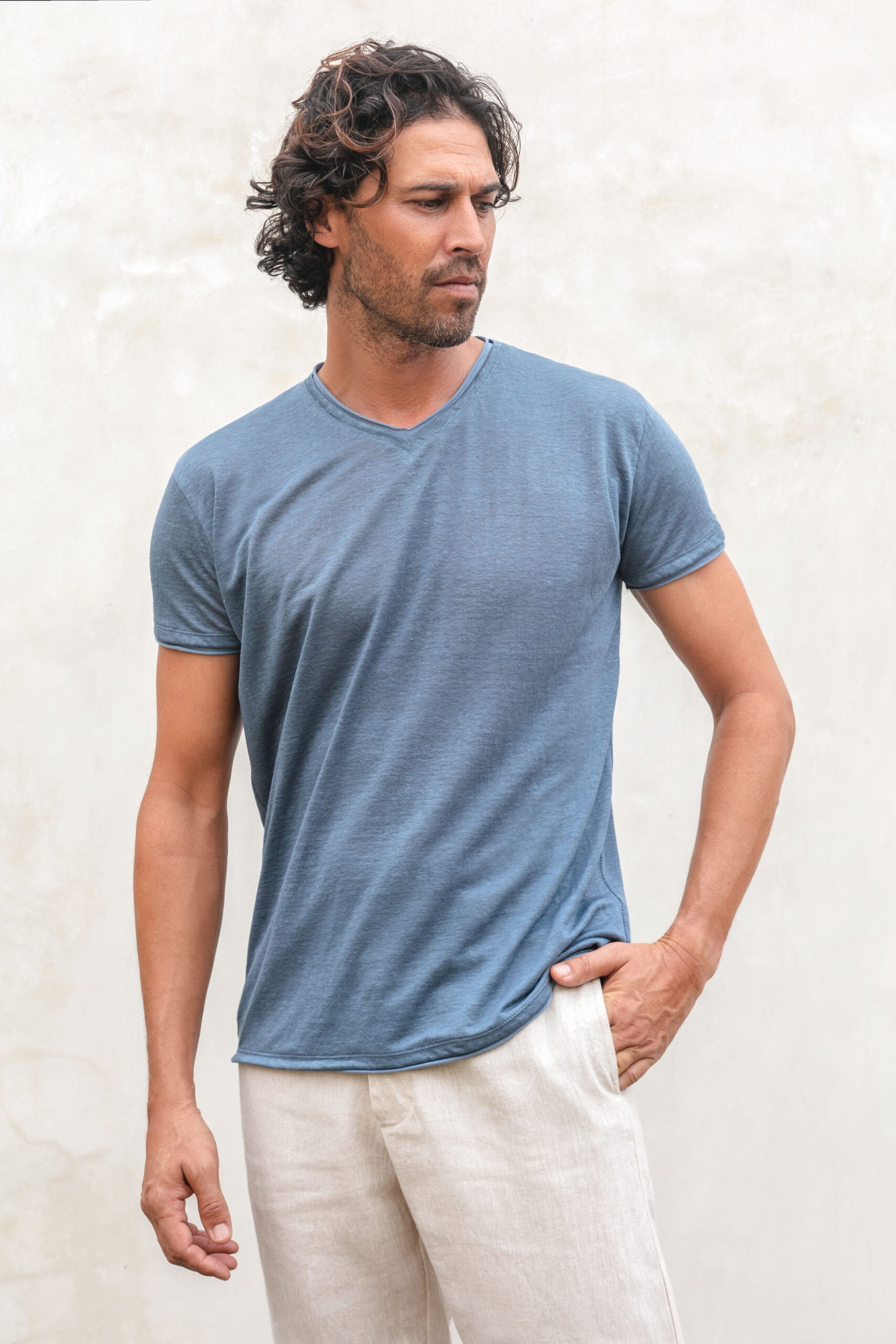 Linen jersey vneck teeshirt - Ambun T-Shirt Linen Jersey Blue Grey