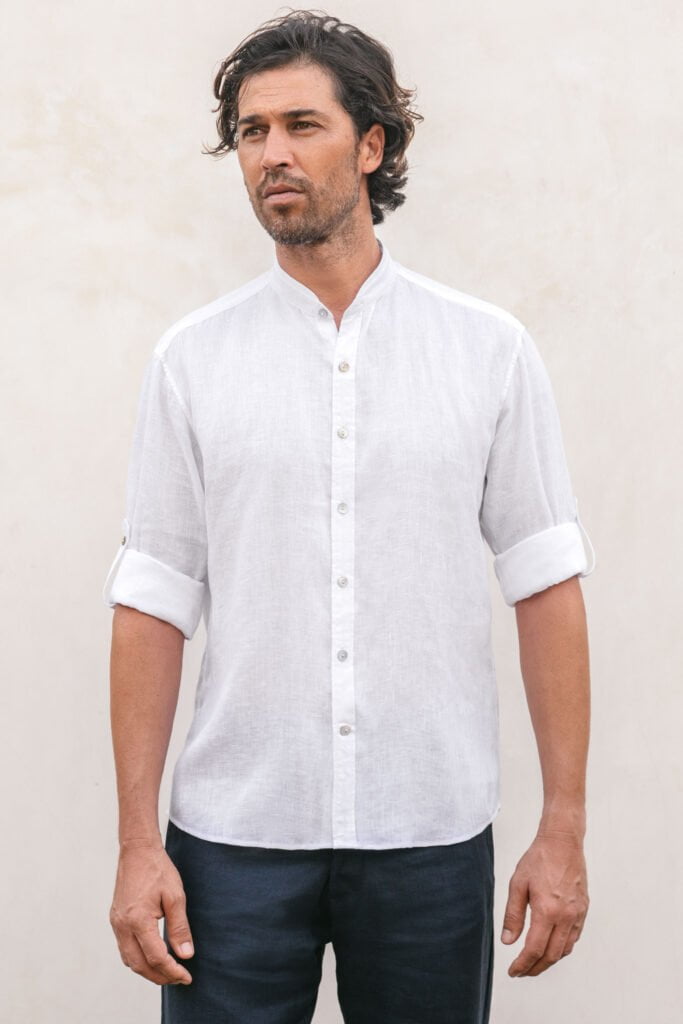 Men mandarin colar roll-up linen shirt