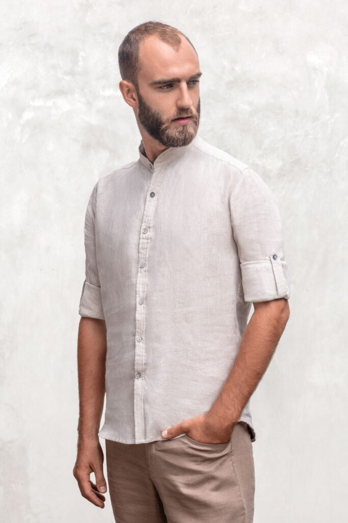 Men mandarin colar roll-up linen shirt