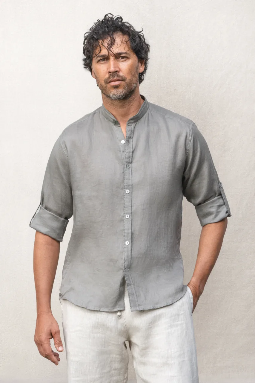 AO Men Mao colar roll-up sleeve linen shirt Bali