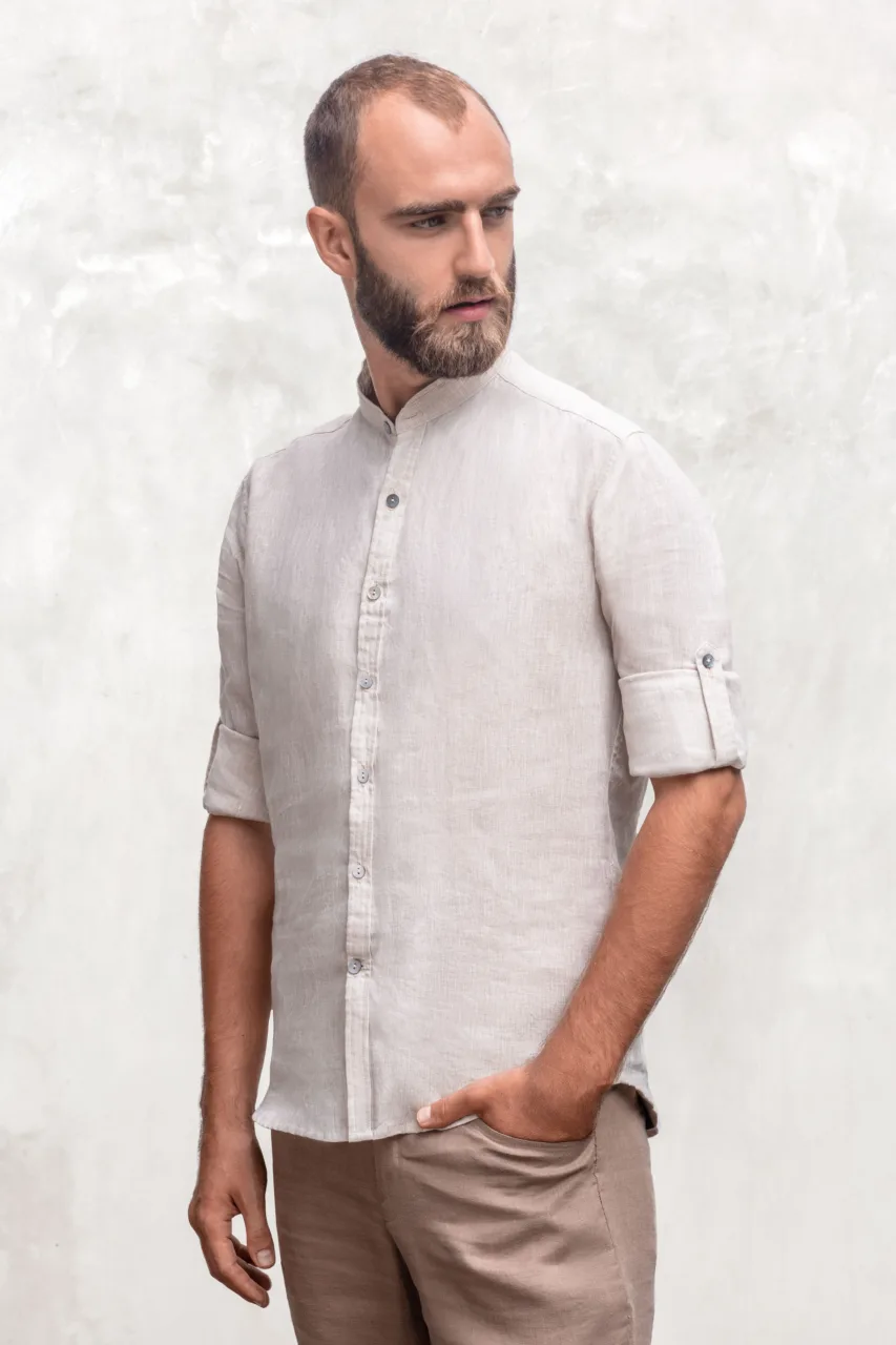 AO Men Mao colar roll-up sleeve linen shirt Bali